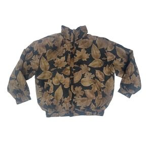 COACO Womens Brown Silk Leaf Print Bomber Jacket Full Zip Gorpcore Earthy size M